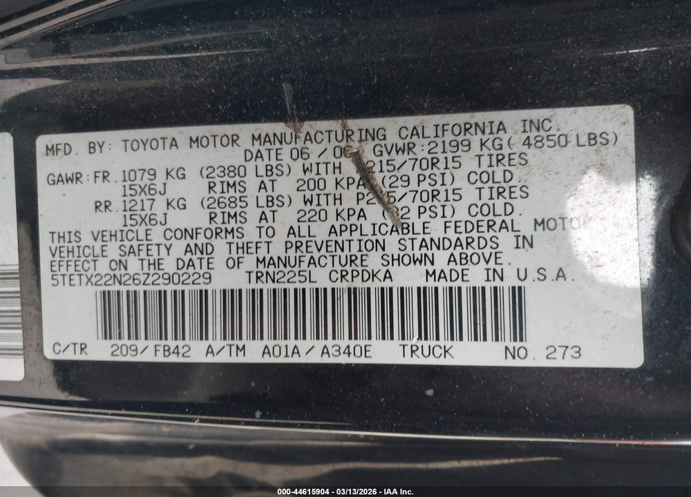 2006 TOYOTA TACOMA VIN: 5TETX22N26Z290229