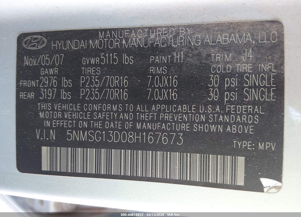 2008 HYUNDAI SANTA FE GLS VIN: 5NMSG13D08H167673