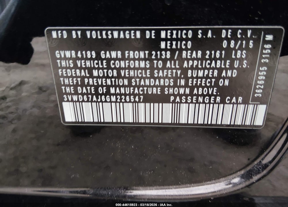 2016 VOLKSWAGEN JETTA 1.4T SE VIN: 3VWD67AJ6GM226547