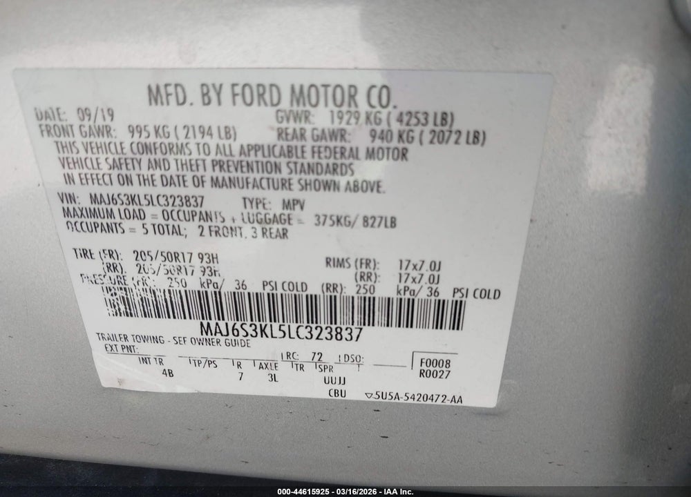 2020 FORD ECOSPORT TITANIUM VIN: MAJ6S3KL5LC323837