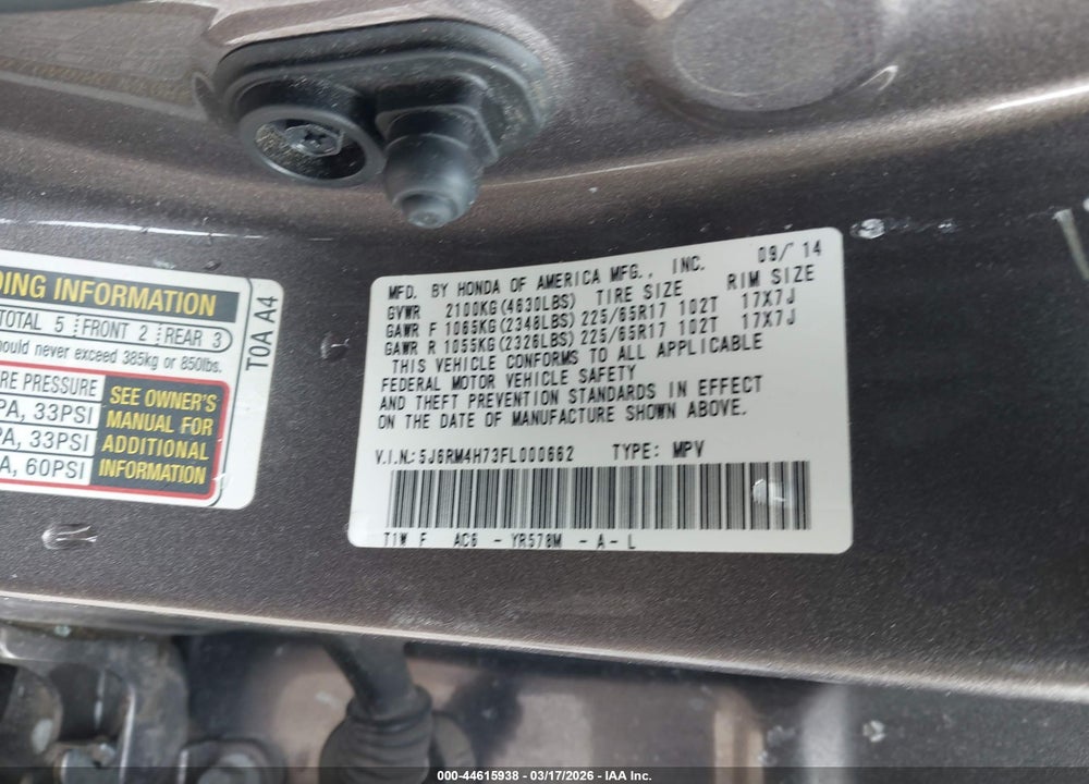 2015 HONDA CR-V EX-L VIN: 5J6RM4H73FL000662