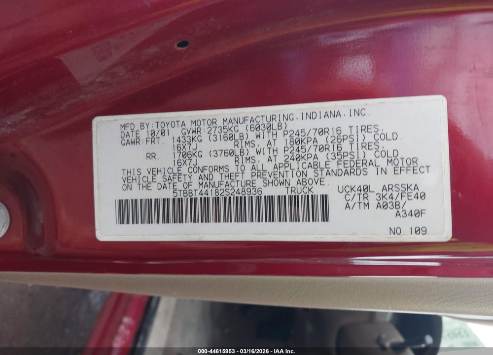 2002 TOYOTA TUNDRA SR5 VIN: 5TBBT44182S248936