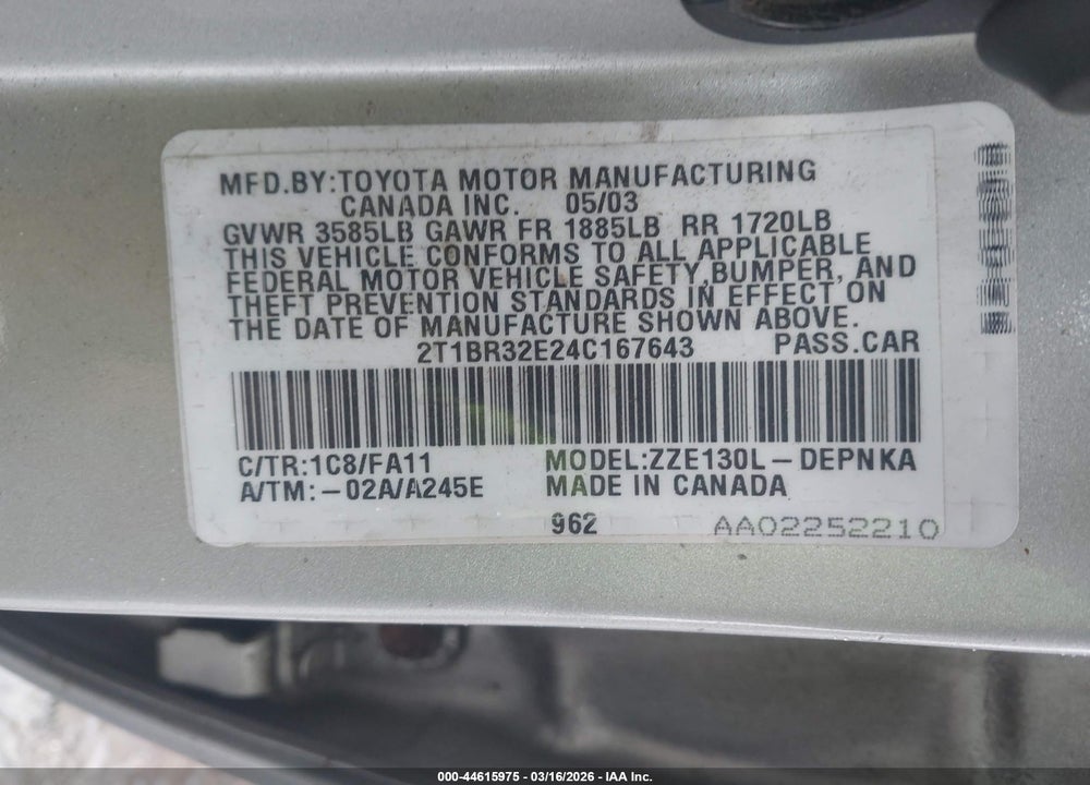 2004 TOYOTA COROLLA LE VIN: 2T1BR32E24C167643