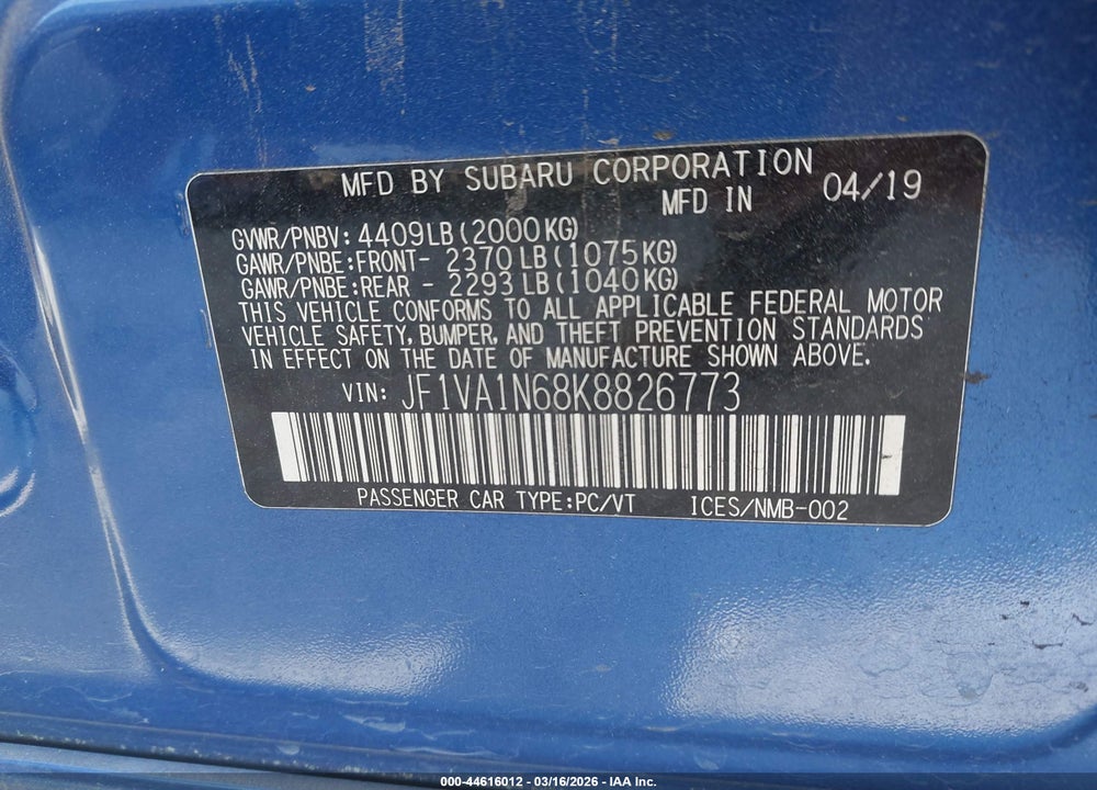 2019 SUBARU WRX LIMITED VIN: JF1VA1N68K8826773