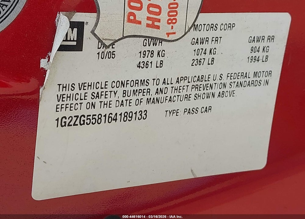 2006 PONTIAC G6 VIN: 1G2ZG558164189133