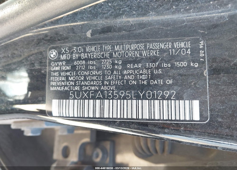 2005 BMW X5 3.0I VIN: 5UXFA13595LY01292