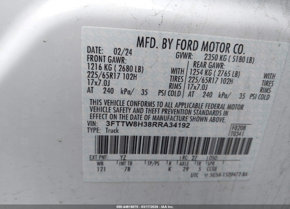 2024 FORD MAVERICK XLT VIN: 3FTTW8H38RRA34192
