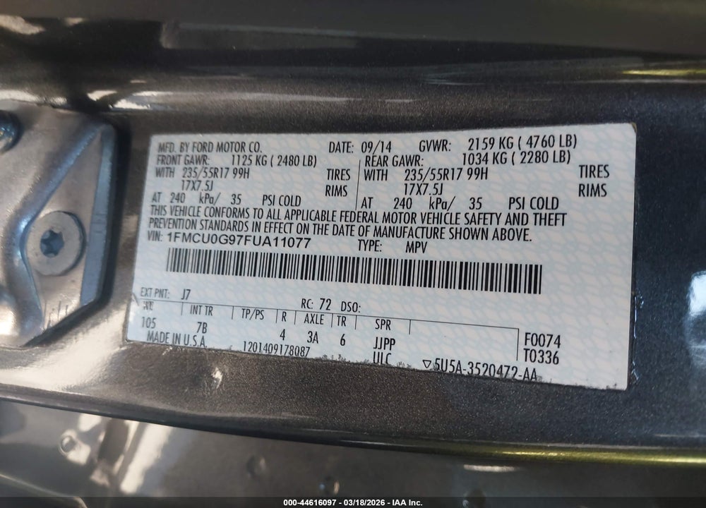 2015 FORD ESCAPE SE VIN: 1FMCU0G97FUA11077