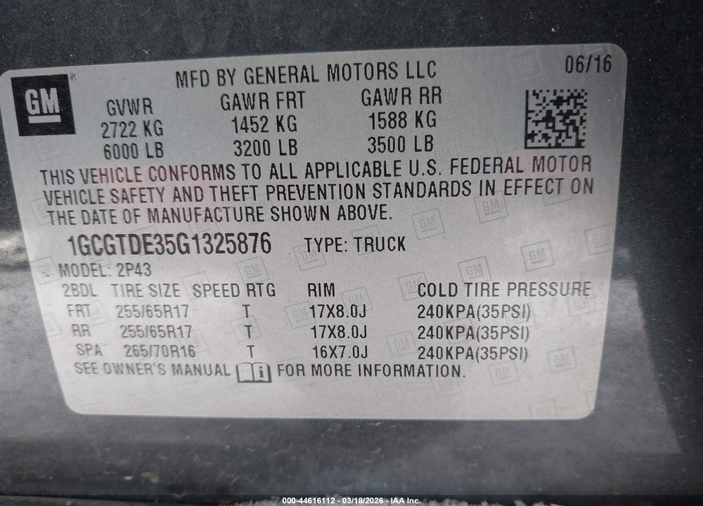 2016 CHEVROLET COLORADO Z71 VIN: 1GCGTDE35G1325876