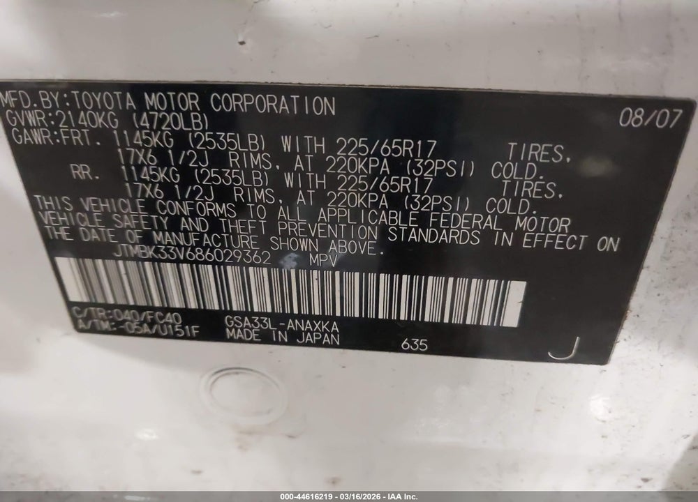 2008 TOYOTA RAV4 BASE V6 VIN: JTMBK33V686029362