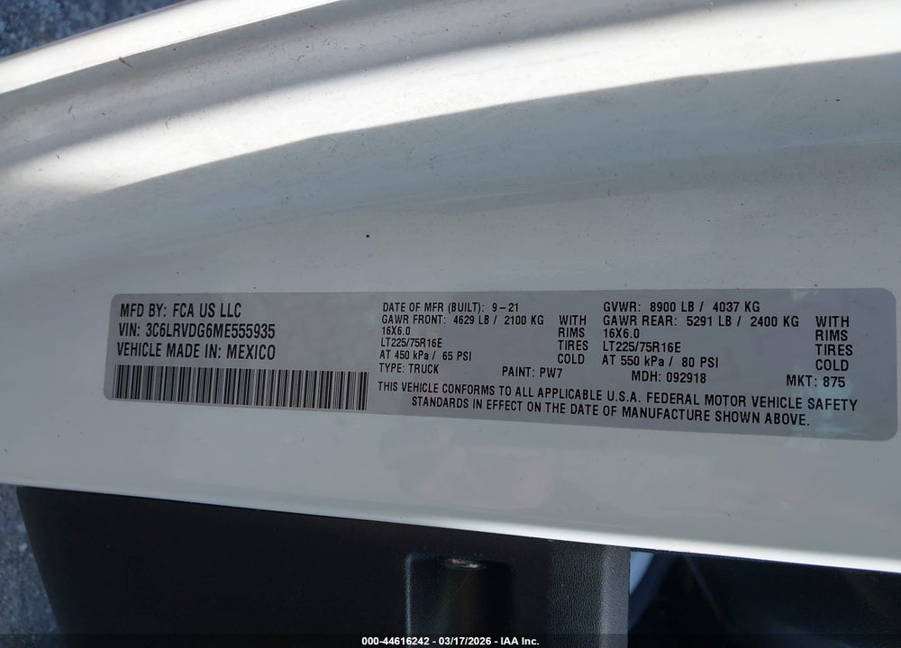 2021 RAM PROMASTER 2500 HIGH ROOF 159 WB VIN: 3C6LRVDG6ME555935