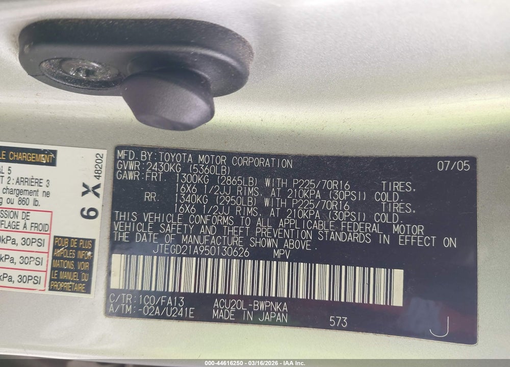 2005 TOYOTA HIGHLANDER VIN: JTEGD21A950130626