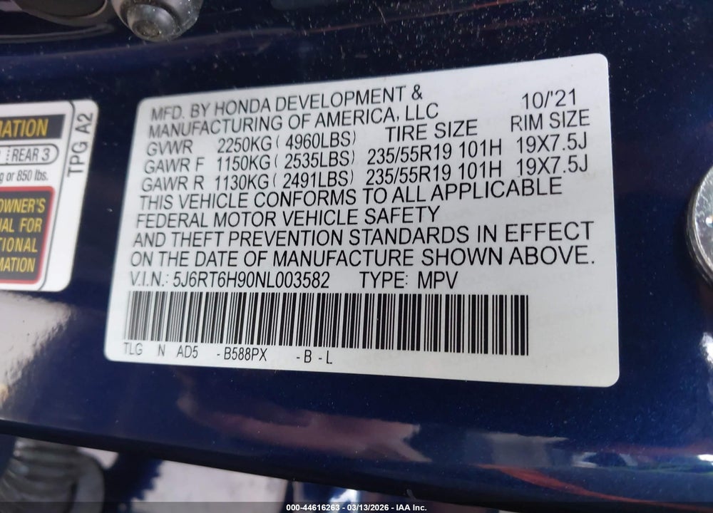 2022 HONDA CR-V HYBRID TOURING VIN: 5J6RT6H90NL003582