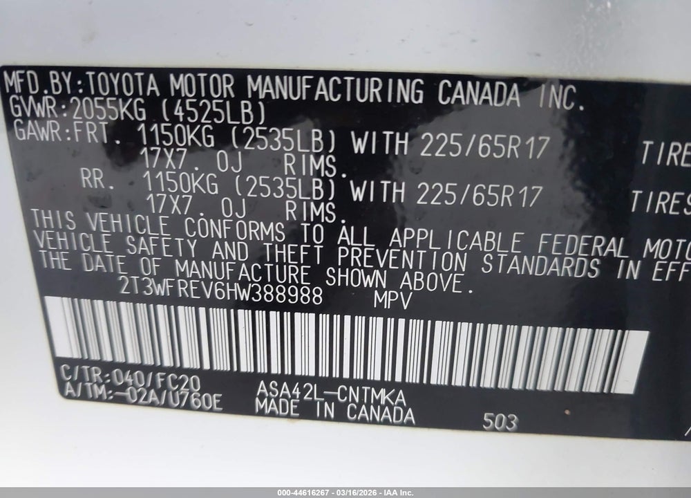 2017 TOYOTA RAV4 XLE VIN: 2T3WFREV6HW388988
