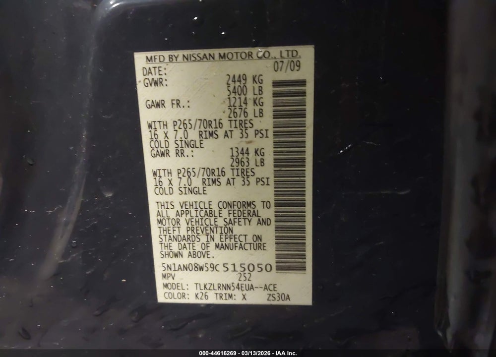 2009 NISSAN XTERRA S VIN: 5N1AN08W59C515050