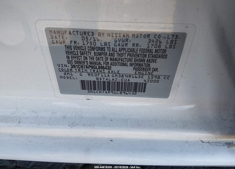 2016 NISSAN VERSA 1.6 S+ VIN: 3N1CN7AP9GL896432