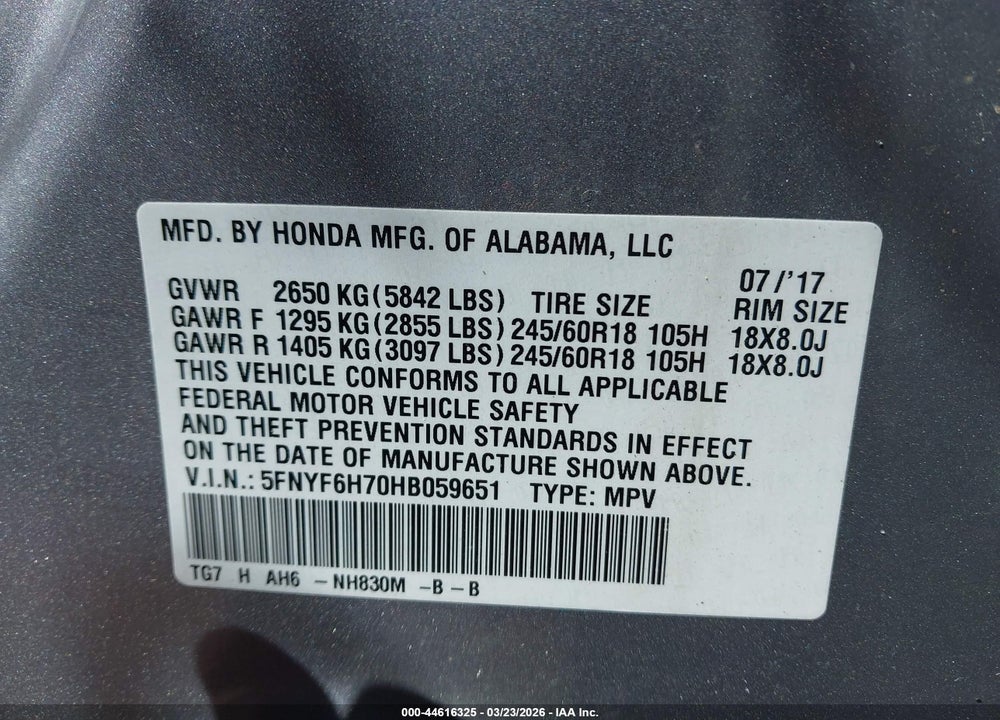 2017 HONDA PILOT EX-L VIN: 5FNYF6H70HB059651