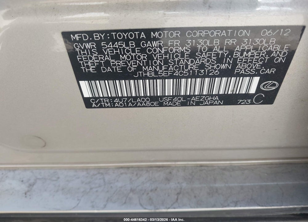 2012 LEXUS LS 460 VIN: JTHBL5EF4C5113126