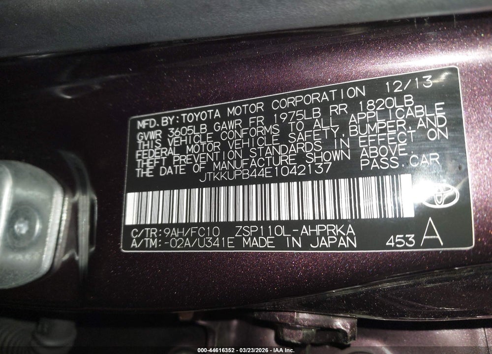 2014 SCION XD VIN: JTKKUPB44E1042137