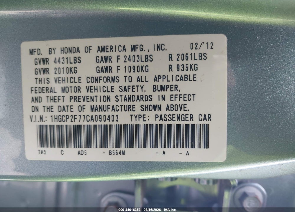 2012 HONDA ACCORD 2.4 EX VIN: 1HGCP2F77CA090403