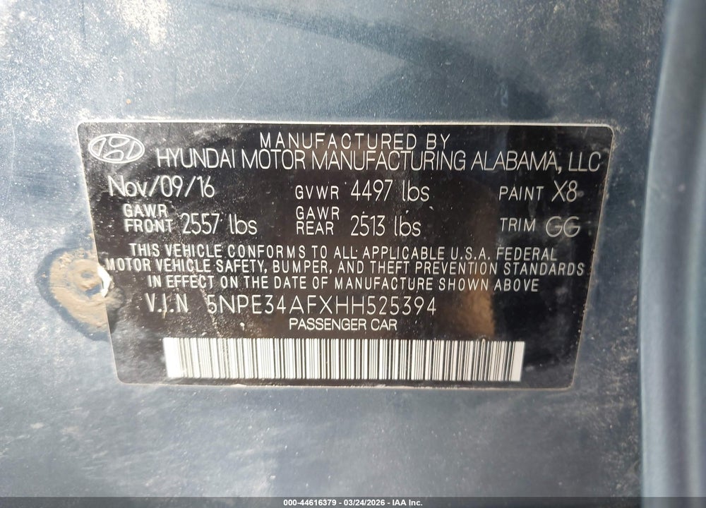 2017 HYUNDAI SONATA SPORT VIN: 5NPE34AFXHH525394