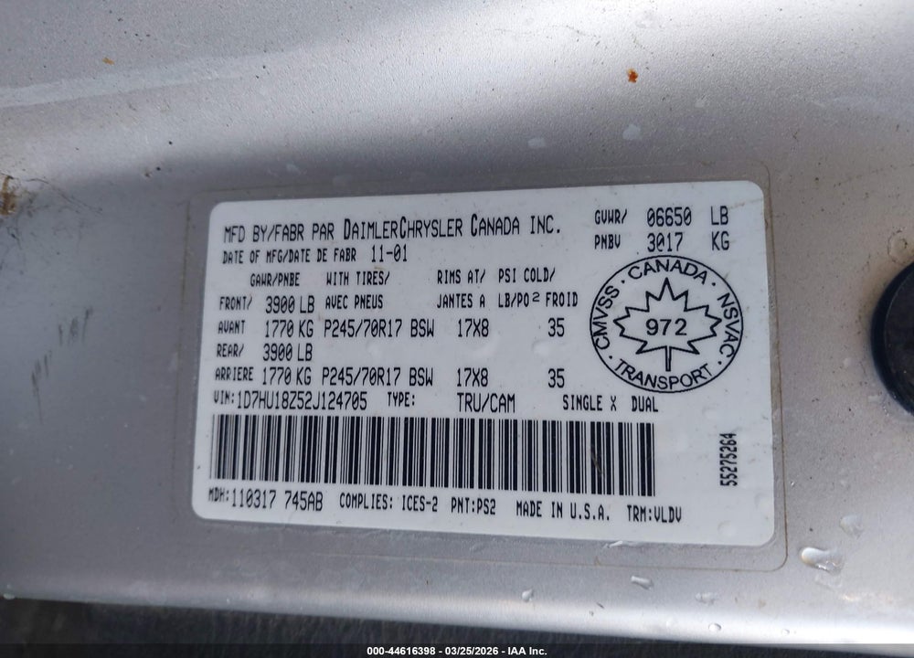 2002 DODGE RAM 1500 ST VIN: 1D7HU18Z52J124705