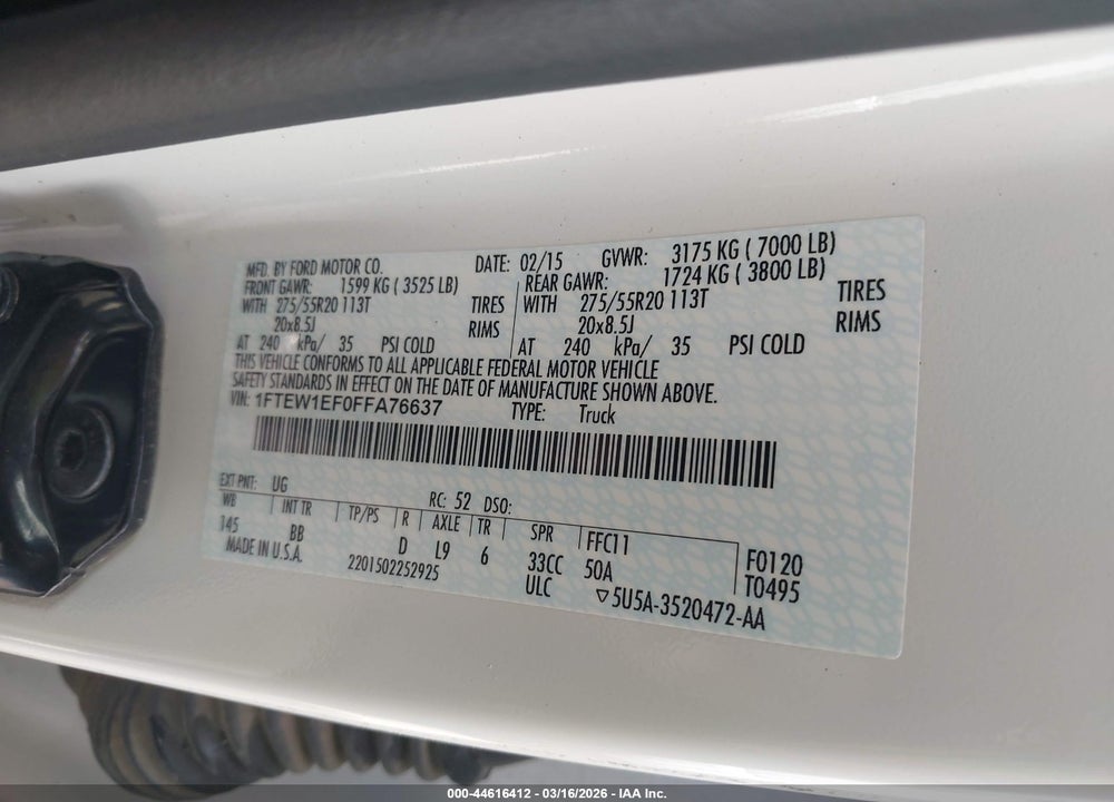 2015 FORD F-150 PLATINUM VIN: 1FTEW1EF0FFA76637