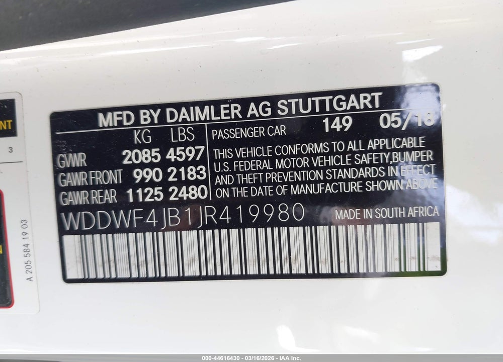 2018 MERCEDES-BENZ C 300 VIN: WDDWF4JB1JR419980