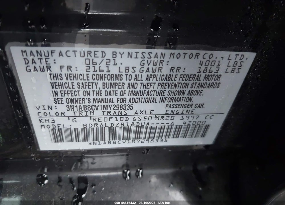 2021 NISSAN SENTRA SV XTRONIC CVT VIN: 3N1AB8CV1MY298335