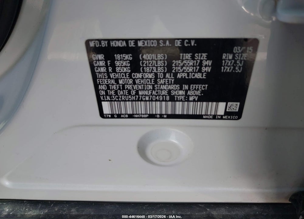 2016 HONDA HR-V EX-L VIN: 3CZRU5H77GM704918
