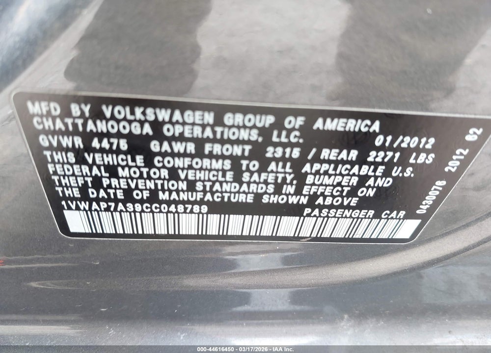 2012 VOLKSWAGEN PASSAT 2.5L S VIN: 1VWAP7A39CC048789