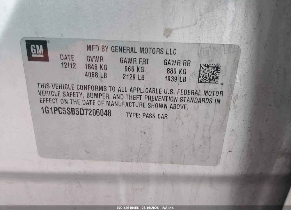 2013 CHEVROLET CRUZE 1LT AUTO VIN: 1G1PC5SB5D7206048