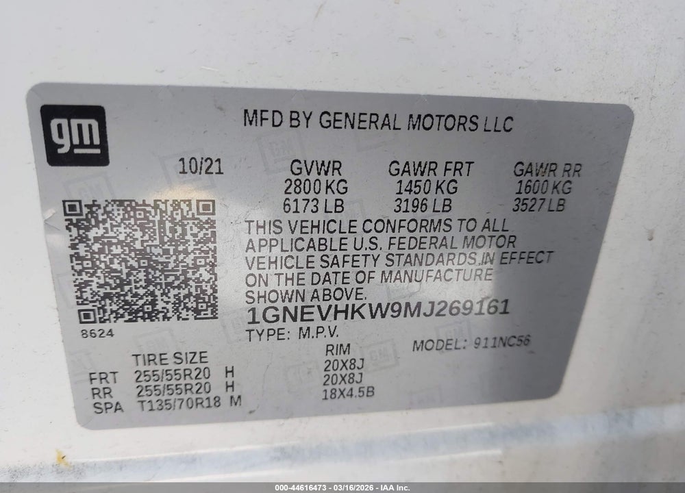 2021 CHEVROLET TRAVERSE AWD LT LEATHER VIN: 1GNEVHKW9MJ269161