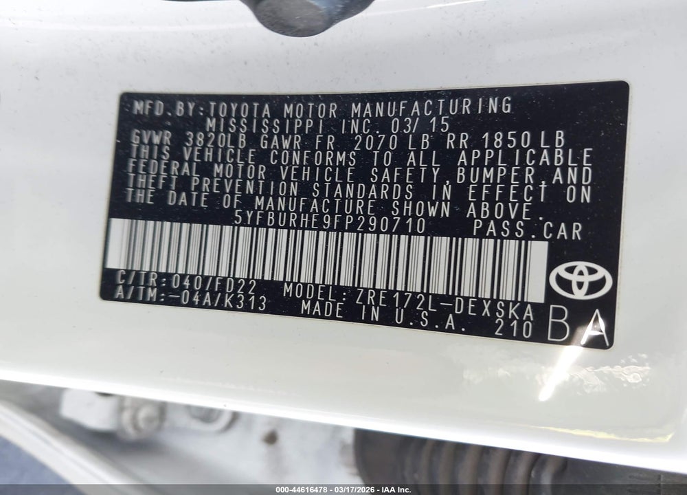 2015 TOYOTA COROLLA S PLUS VIN: 5YFBURHE9FP290710