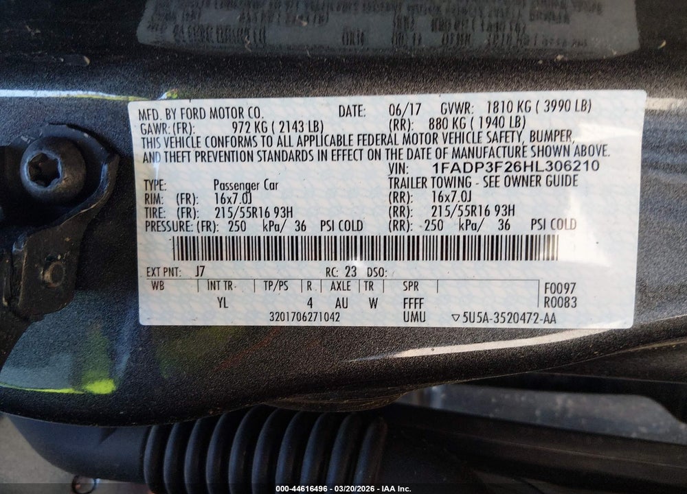 2017 FORD FOCUS SE VIN: 1FADP3F26HL306210
