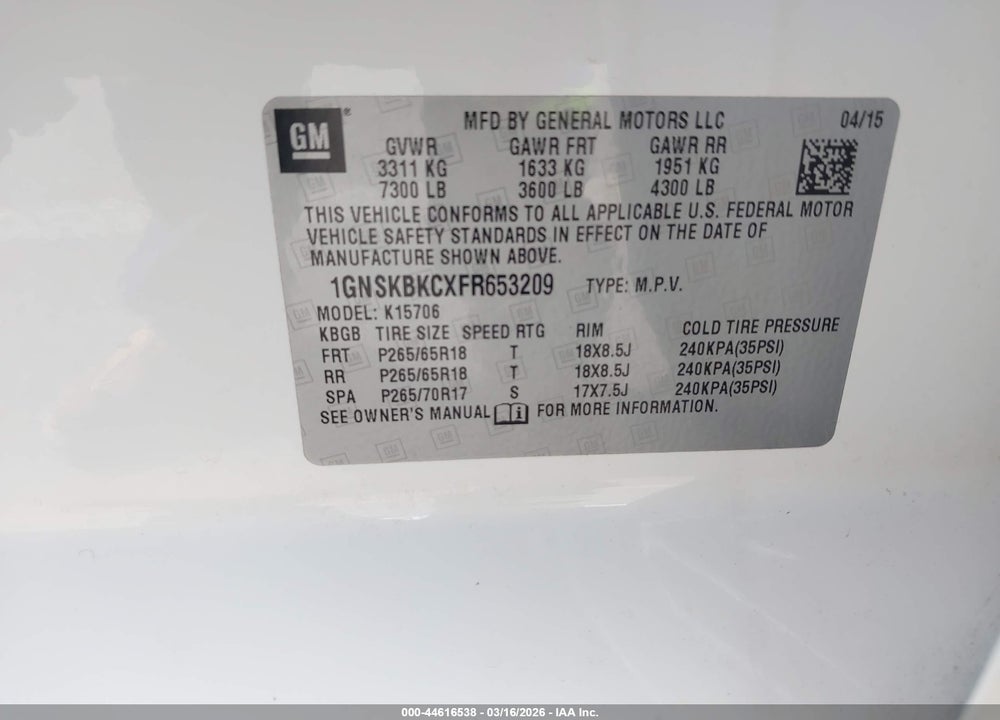 2015 CHEVROLET TAHOE LT VIN: 1GNSKBKCXFR653209