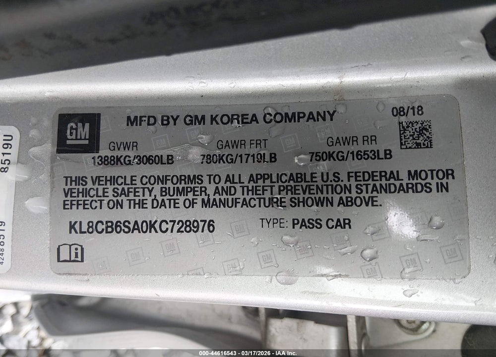 2019 CHEVROLET SPARK LS CVT VIN: KL8CB6SA0KC728976