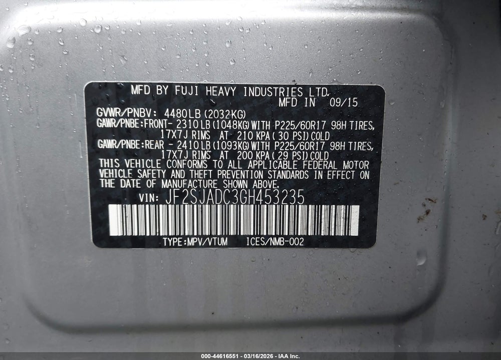 2016 SUBARU FORESTER 2.5I PREMIUM VIN: JF2SJADC3GH453235