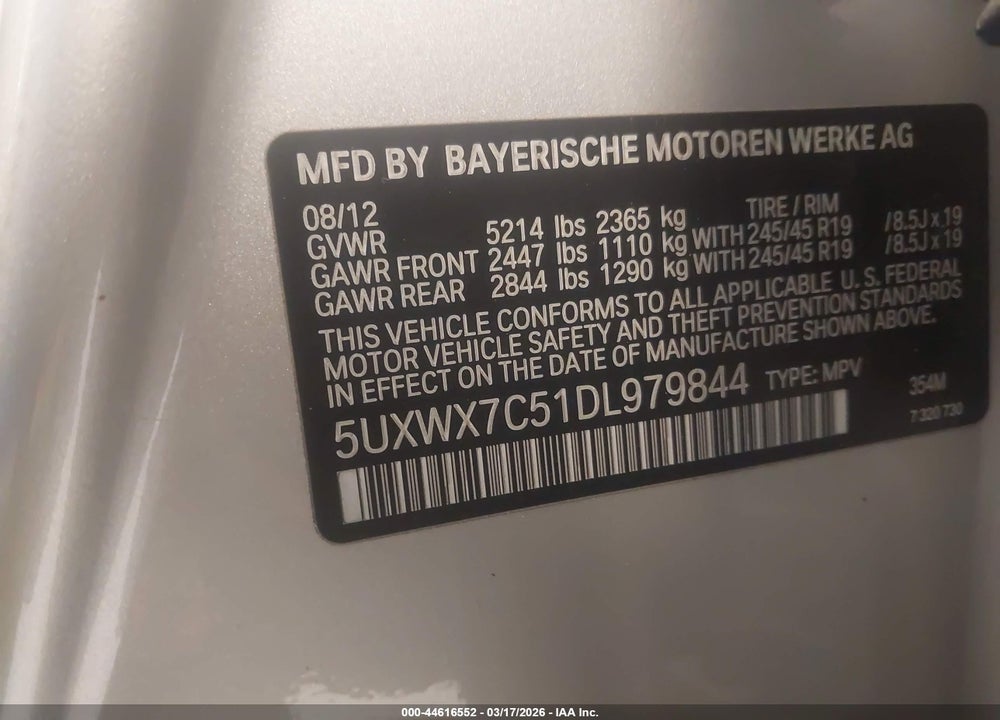 2013 BMW X3 XDRIVE35I VIN: 5UXWX7C51DL979844