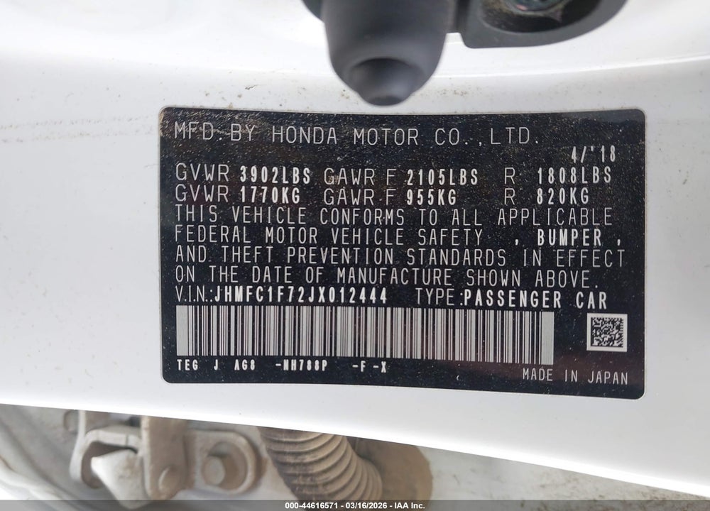 2018 HONDA CIVIC EX-L VIN: JHMFC1F72JX012444