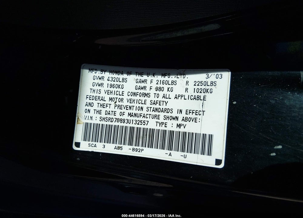2003 HONDA CR-V EX VIN: SHSRD78893U132557