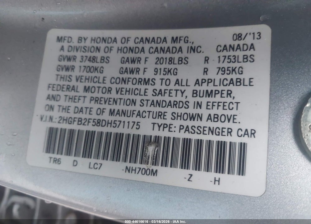 2013 HONDA CIVIC SDN LX VIN: 2HGFB2F58DH571175