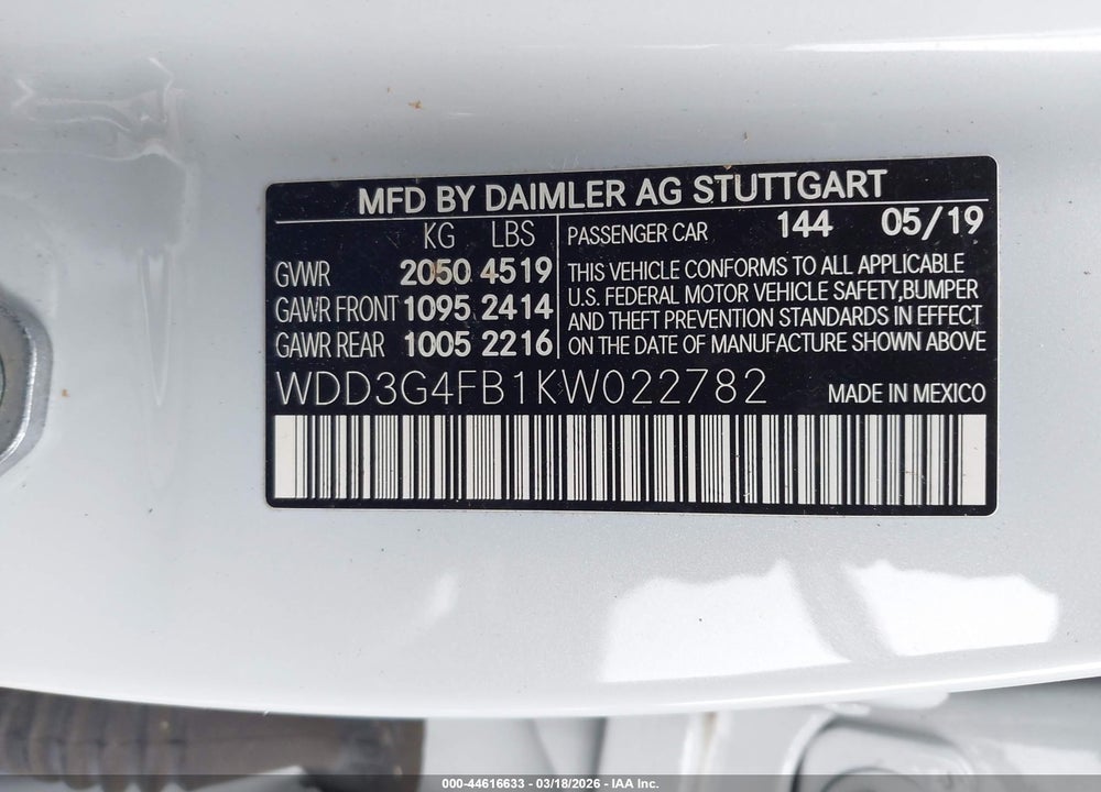 2019 MERCEDES-BENZ A 220 4MATIC VIN: WDD3G4FB1KW022782