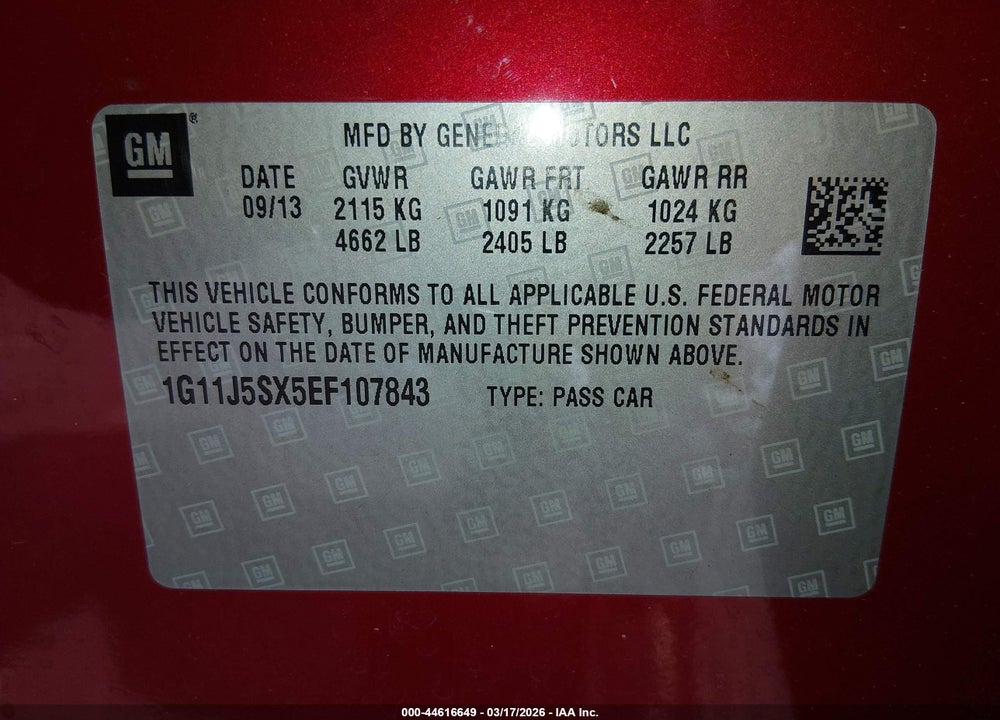 2014 CHEVROLET MALIBU 2LZ VIN: 1G11J5SX5EF107843