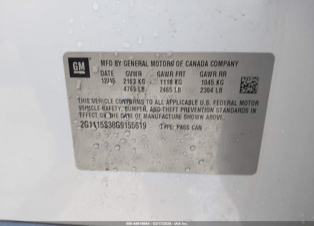 2016 CHEVROLET IMPALA 2LT VIN: 2G1115S38G9155619