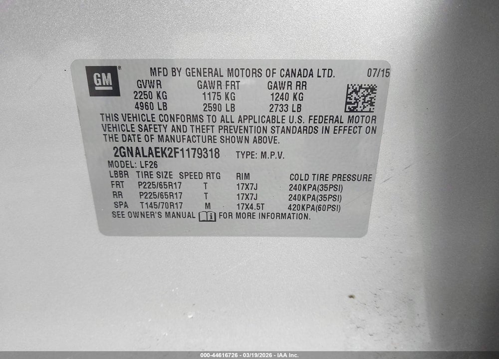 2015 CHEVROLET EQUINOX LS VIN: 2GNALAEK2F1179318