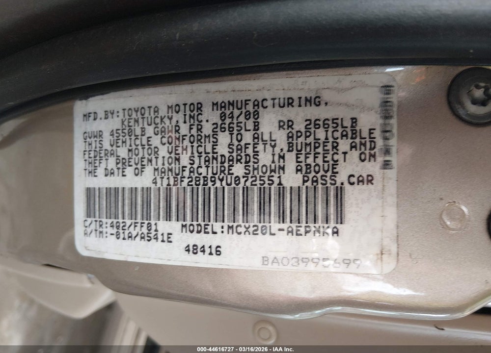 2000 TOYOTA AVALON XL VIN: 4T1BF28B9YU072551