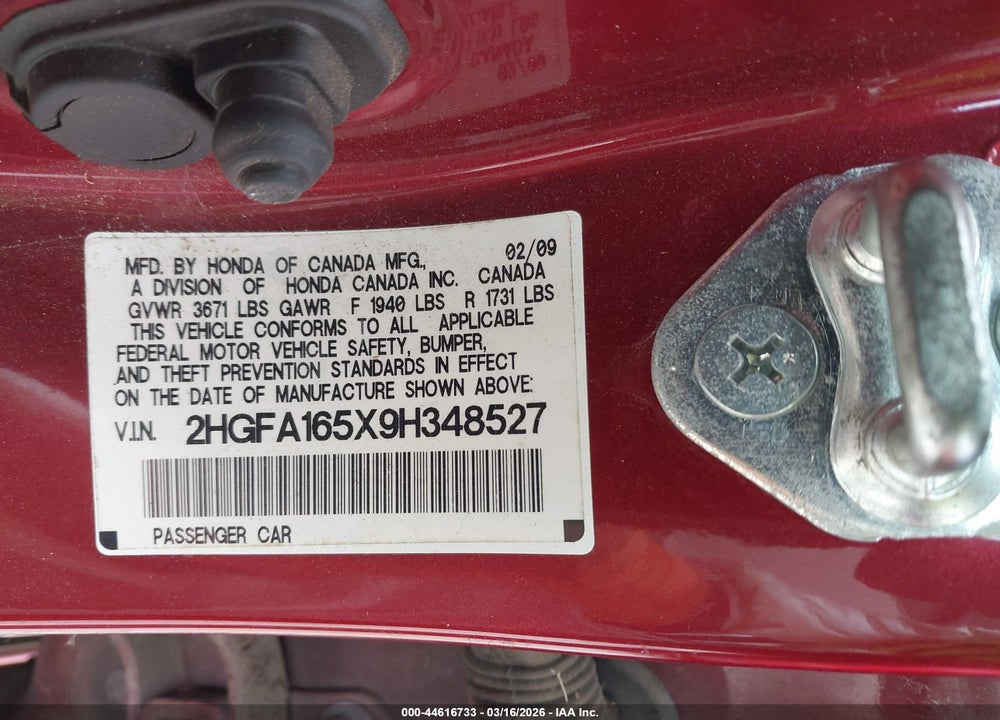 2009 HONDA CIVIC LX VIN: 2HGFA165X9H348527