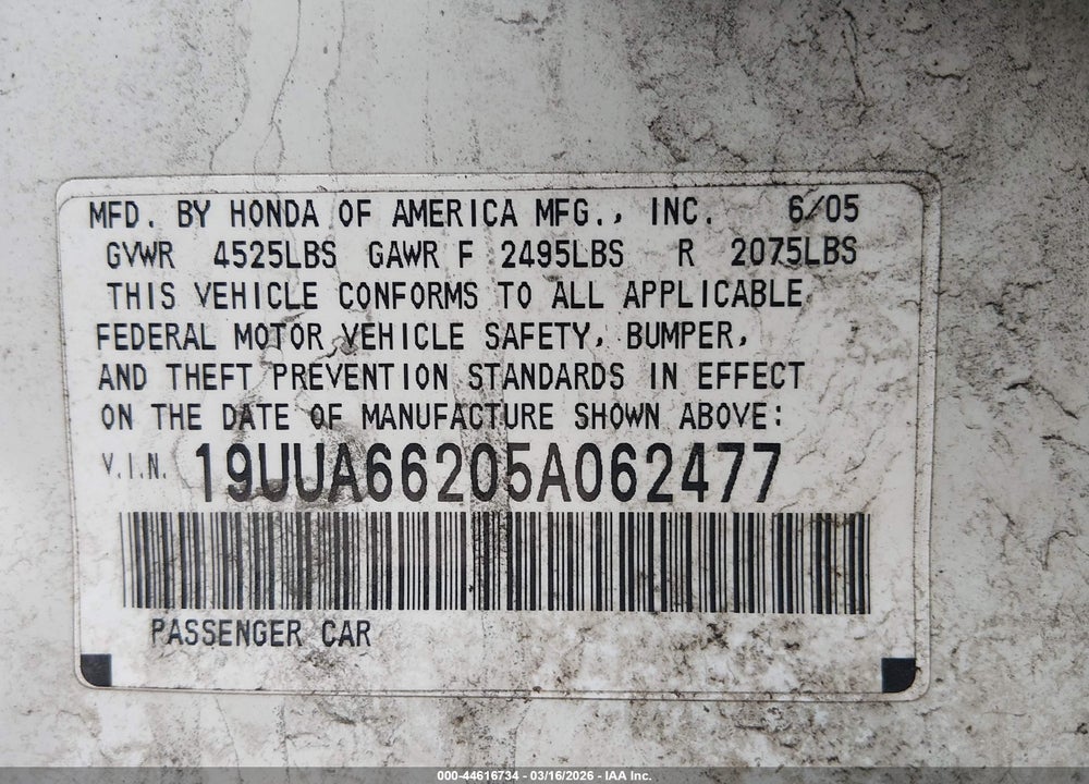 2005 ACURA TL VIN: 19UUA66205A062477