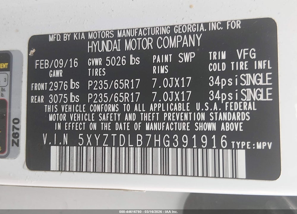 2017 HYUNDAI SANTA FE SPORT 2.4L VIN: 5XYZTDLB7HG391916